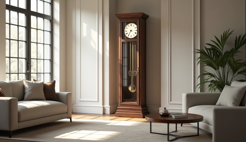 A clockmaker fixing the internal mechanism of a Westminster Chime Grandfather Clock, with a small, discreet “grandfatherclock.us” logo on the technician’s uniform or workspace.
