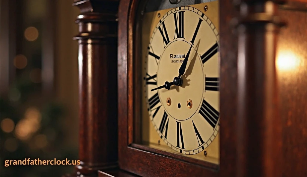 a realistic image of a grandfather clock with a focus on the clock face, showing the process of setting the time. The minute hand is being adjusted. The background should be a cozy room with a soft, warm ambiance. The text 'grandfatherclock.us' should be visible at the bottom in a clear, legible font, with '.us' standing out.