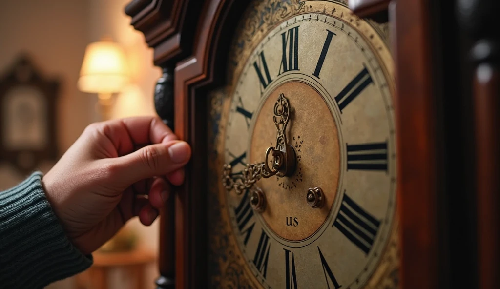  a realistic image of a person winding a grandfather clock, with focus on the winding key being turned. The clock should have a traditional design with a wooden finish and intricate details. Ensure that the text 'grandfatherclock.us' is clearly displayed somewhere on the image, with '.us' visible and easily readable.