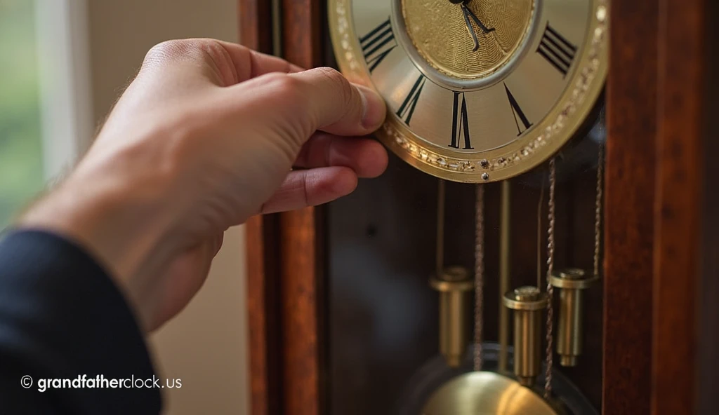 an image showing a hand adjusting the pendulum of a grandfather clock, with focus on the pendulum and the rating nut. The background should be softly lit to highlight the clock's features. The text 'grandfatherclock.us' should be placed at the bottom in a clear, visible font, ensuring '.us' is prominent