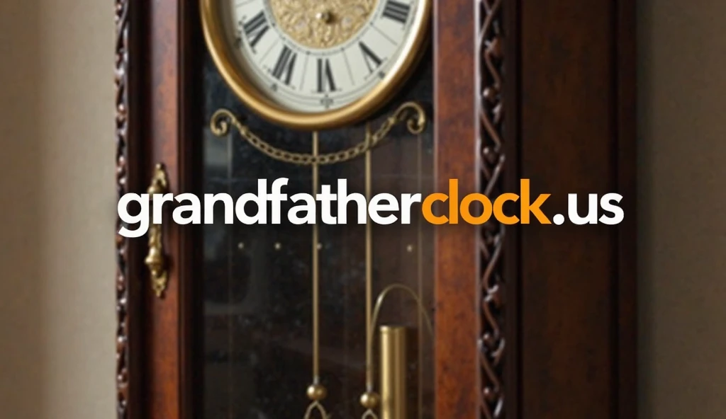 a realistic image of a grandfather clock being checked for balance, with a focus on the pendulum swinging evenly. The clock should have a well-maintained, classic design. The text 'grandfatherclock.us' should be clearly visible on the image with '.us' standing out, integrated into the design.