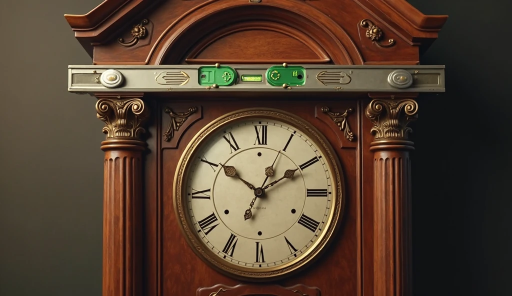  an image of a grandfather clock being leveled with a tool like a spirit level placed on the top. The clock should look timeless, with rich wood and golden accents. The text 'grandfatherclock.us' must be placed in a visible, legible manner, with the '.us' clearly readable.