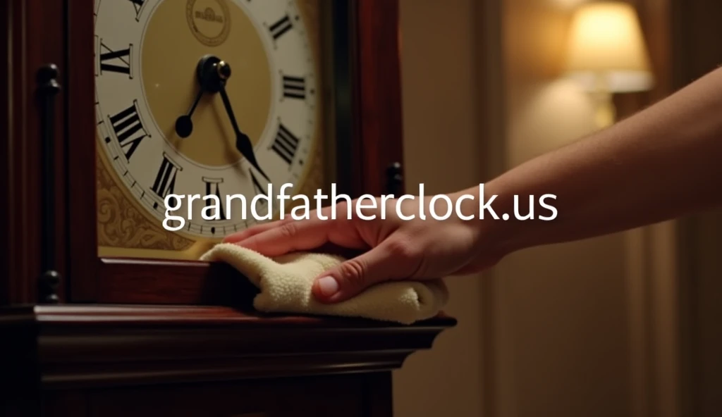  a realistic image of someone gently cleaning the surface of a grandfather clock with a soft cloth. The clock should be beautifully lit, showcasing its detail. The text 'grandfatherclock.us' should appear prominently on the image with '.us' clearly visible