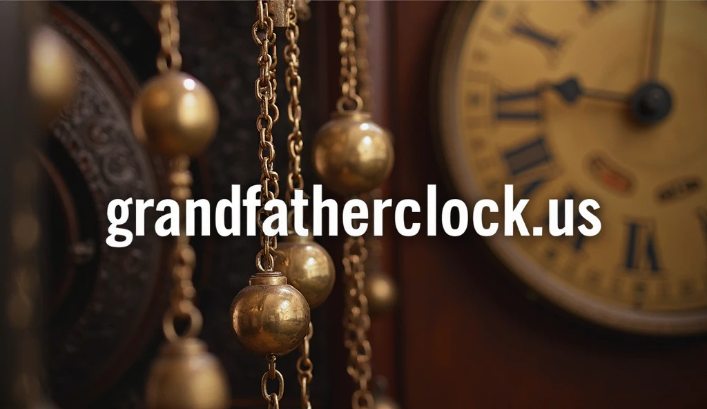 an image showing the weights of a grandfather clock being checked or adjusted. Focus on the weights and their chains, with the clock in the background. The text 'grandfatherclock.us' should be integrated into the image, with '.us' clearly visible and easy to read