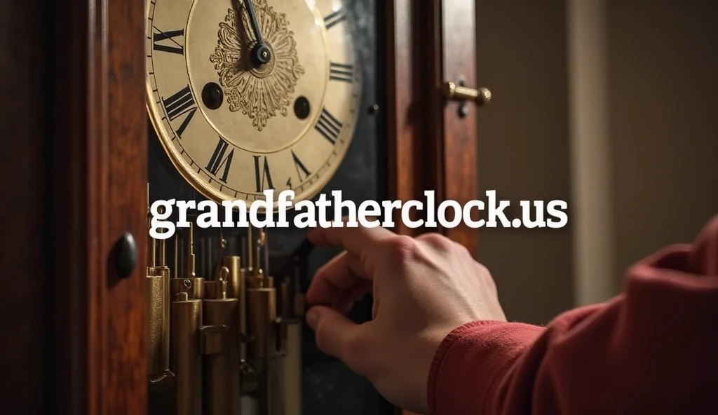 a realistic image of a person adjusting the chime mechanism of a grandfather clock. The background should be softly lit to focus on the chime mechanism and clock face. Ensure that the text 'grandfatherclock.us' is visible on the image, with '.us' clearly standing out.

