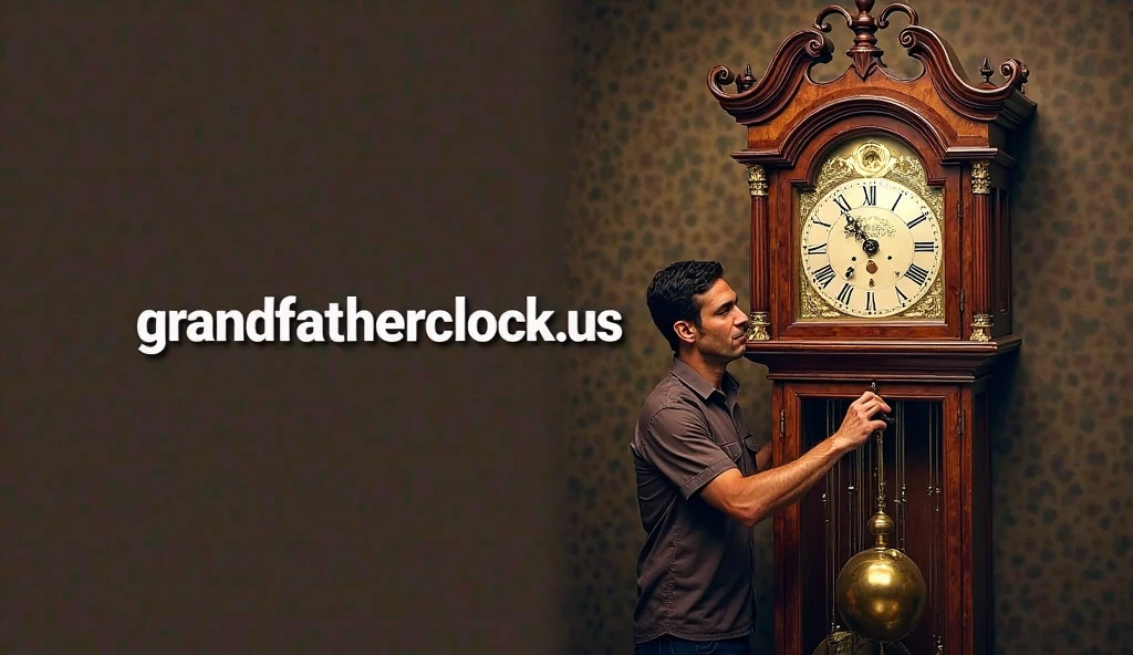 an image of a grandfather clock with the cover open, showing the internal mechanics as someone inspects or troubleshoots the movement. The clock should appear realistic with detailed features. The text 'grandfatherclock.us' should be placed clearly on the image, with '.us' distinct and easy to read.
