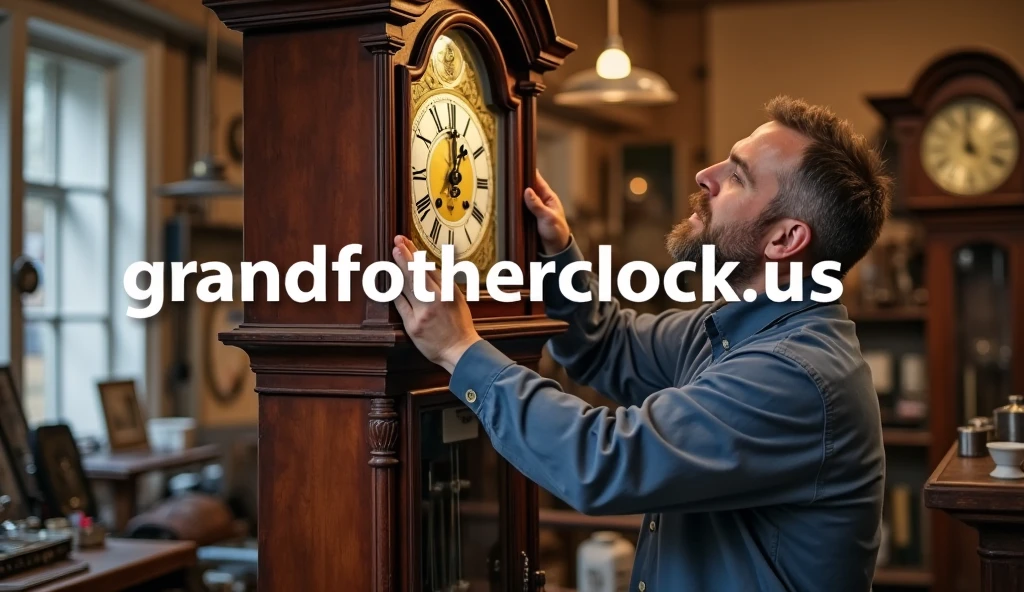 an image of a professional clockmaker inspecting or repairing a grandfather clock. The setting should be a clock repair shop, and the image should have a realistic and welcoming ambiance. The text 'grandfatherclock.us' should appear clearly, with '.us' prominent and visible."

