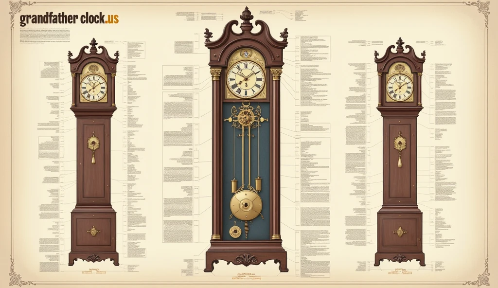 A detailed diagram of the internal mechanism of a Westminster Chime Grandfather Clock with labeled parts. Place the brand name “grandfatherclock.us” on the top border.