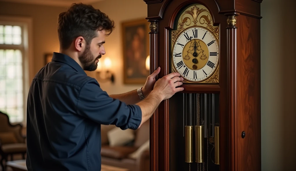A beautifully placed Westminster Chime Grandfather Clock in a living room with warm lighting, featuring a text overlay, “Find Your Perfect Clock at grandfatherclock.us.”
