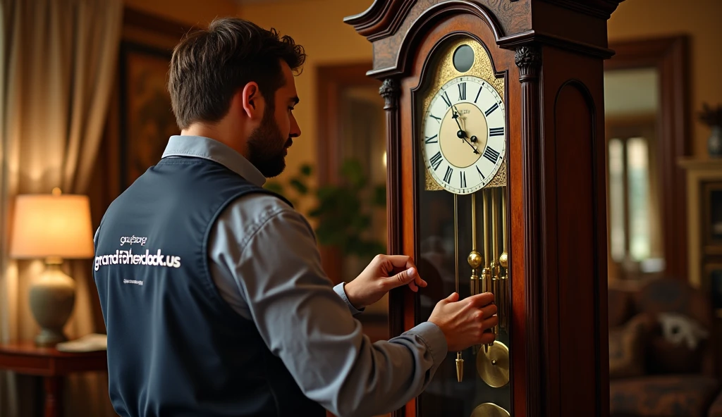 A modern Westminster Chime Grandfather Clock featuring updated features, displayed in a contemporary living room. Include “grandfatherclock.us” in the bottom corner.