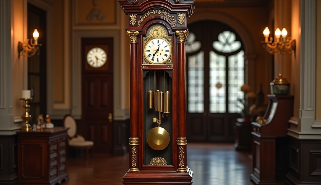 A classic grandfather clock, highlighting the pendulum and chimes.