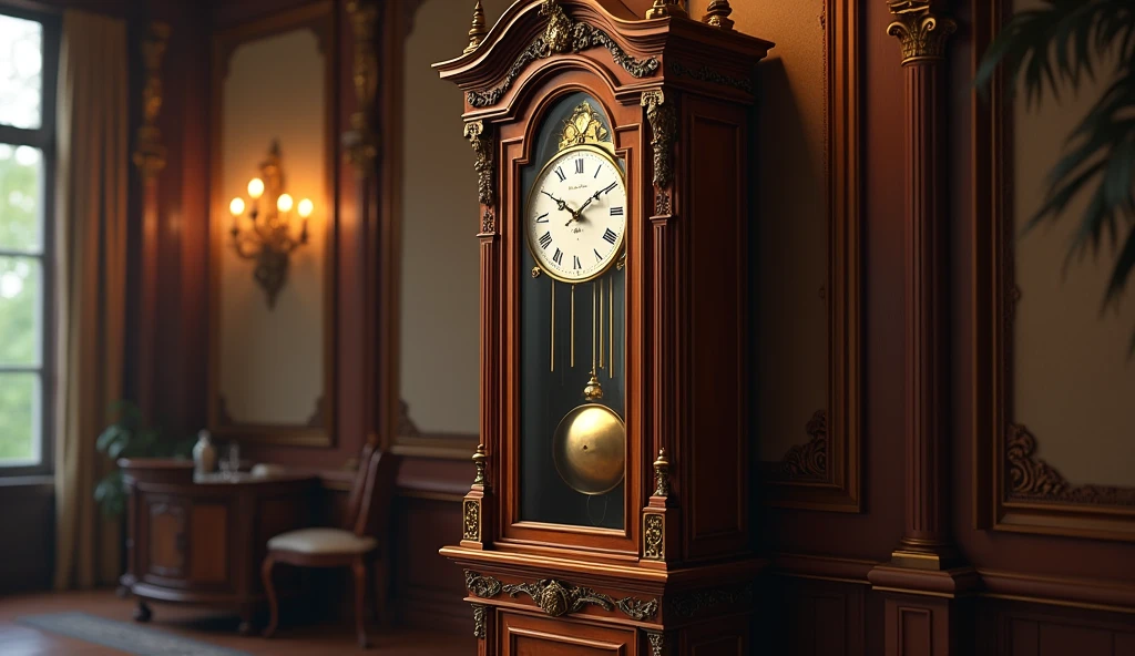 A classic grandfather clock, highlighting the pendulum and chimes.