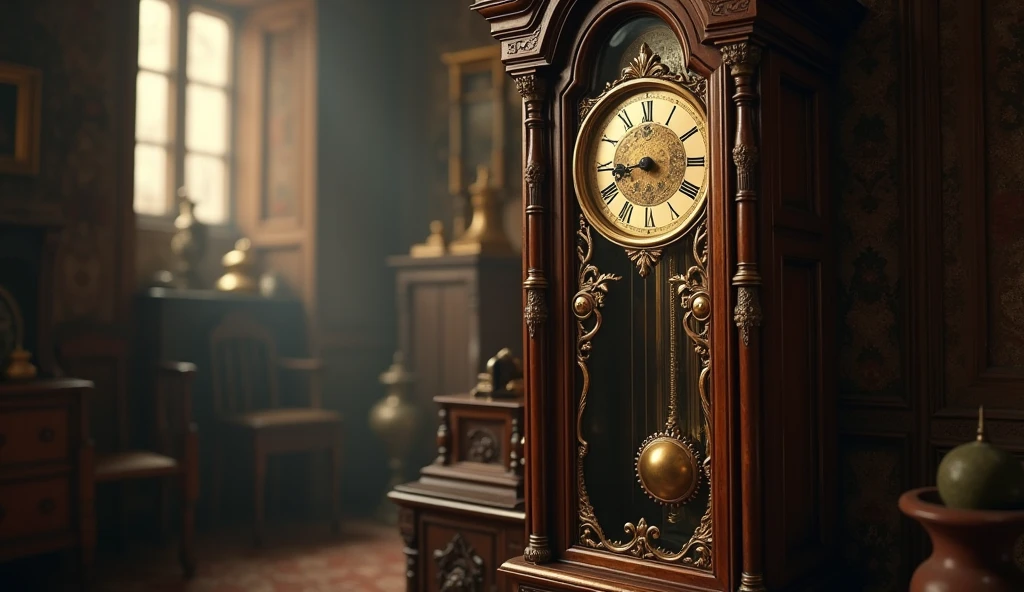  A grandfather clock with a misaligned or malfunctioning pendulum.