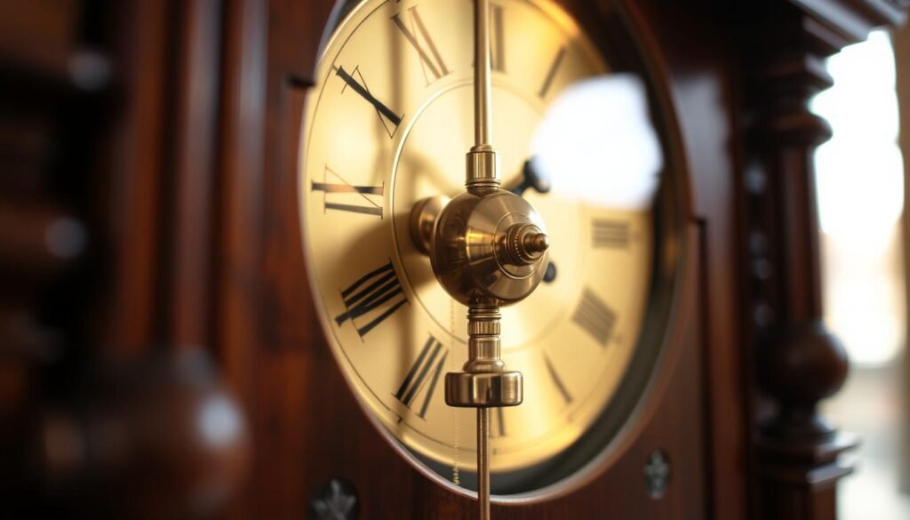 A closeup view of the pendulum mechanism of an ornate, wooden grandfather clock. The pendulum swings gently, its brass bob catching the warm light filtering through a window. The clockwork is visible, with the adjustable crank and regulator clearly shown. The clock's face is slightly out of focus in the background, adding a sense of depth. The scene is captured with a shallow depth of field, creating a focus on the technical details of the pendulum adjustment mechanism. The overall atmosphere is one of craftsmanship and precision, inviting the viewer to appreciate the engineering behind the timekeeping device. www.grandfatherclock.us/