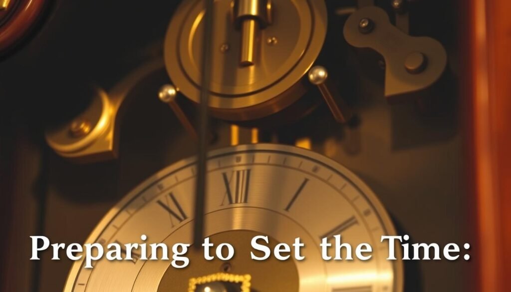 A detailed, close-up view of a grandfather clock pendulum swinging rhythmically, with a warm, soft lighting illuminating the intricate mechanisms. The pendulum bob glistens as it moves, casting subtle shadows on the ornate brass casing. The clock movement is showcased in a clean, minimalist composition, highlighting the precision engineering and timeless craftsmanship. The scene evokes a sense of tranquility and the passage of time, perfect for illustrating the "Preparing to Set the Time" section of the article on https://oldtimeclock.com/.