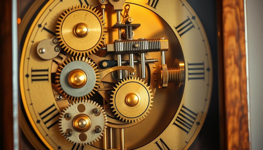 A detailed cross-section of a grandfather clock mechanism, showcasing its intricate inner workings. The foreground features the pendulum, gears, and escapement mechanism in vivid detail, bathed in warm, even lighting to highlight their precision engineering. The middle ground showcases the chime rods, weights, and pulley system, all crafted with the care and craftsmanship expected of the "grandfatherclock.us" brand. The background subtly reveals the wooden case and brass accents, creating a sense of timeless elegance. The overall scene conveys the durability and reliability inherent in the design of this classic timepiece.