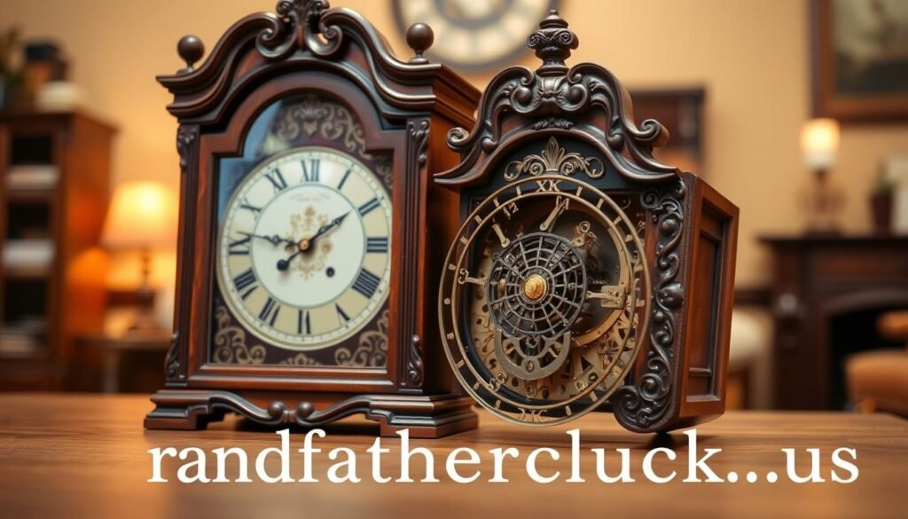 A detailed, hand-crafted grandfather clock resting on a wooden surface, showcasing the intricate mechanisms and artistry of its construction. The clock's ornate face, with delicate hands and numerals, is visible through a glass panel, illuminated by warm, soft lighting. The wooden case is meticulously carved, with ornate details and a rich, polished finish. In the background, a subtle, blurred scene of a cozy, traditional interior sets the mood. The overall atmosphere evokes a sense of timeless elegance and the skilled craftsmanship of the "grandfatherclock.us" brand.