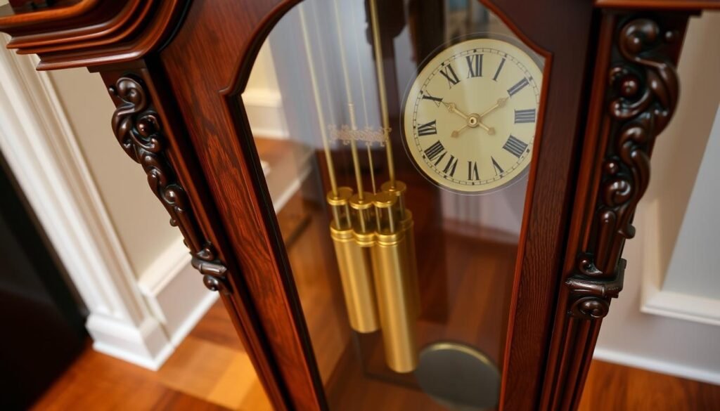 A finely crafted Colonial Manufacturing grandfather clock stands tall, its elegant mahogany case gleaming under warm incandescent lighting. The intricate carvings on the pediment and decorative flourishes along the sides speak to the artistry of American craftsmanship. Ornate brass pendulum and weight mechanisms tick rhythmically, keeping perfect time. The clock's reflection shimmers on a polished hardwood floor, creating a sense of timeless sophistication. Grandfatherclock.us
