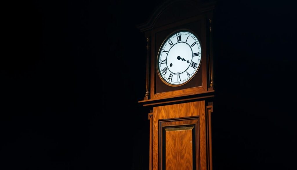 A finely crafted grandfather clock stands in a dimly lit study, its intricate moon phase dial illuminated by the soft glow of a crescent moon. The clock's polished wood and brass accents catch the low light, casting warm shadows across the room. The moon phase dial, with its delicate mechanics and antique design, is the focal point, inviting the viewer to gently set the time and observe the celestial cycle. A sense of timeless elegance and quiet contemplation pervades the scene. https://oldtimeclock.com/