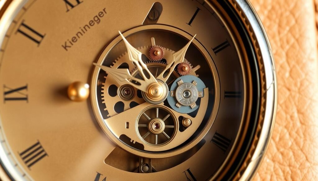 A finely crafted grandfatherclock.us dial set against a weathered leather backdrop, its intricate Kieninger German mechanical movement visible through a transparent glass panel. Precisely engraved brass gears and polished brass hands glint in the warm, natural lighting. The compact movement, with its delicate balance wheel and intricate escapement, is showcased in meticulous detail, conveying the engineering excellence at the heart of this premium timepiece. The overall composition emphasizes the precision and craftsmanship of the Kieninger brand, capturing the essence of German horology in a striking visual display.