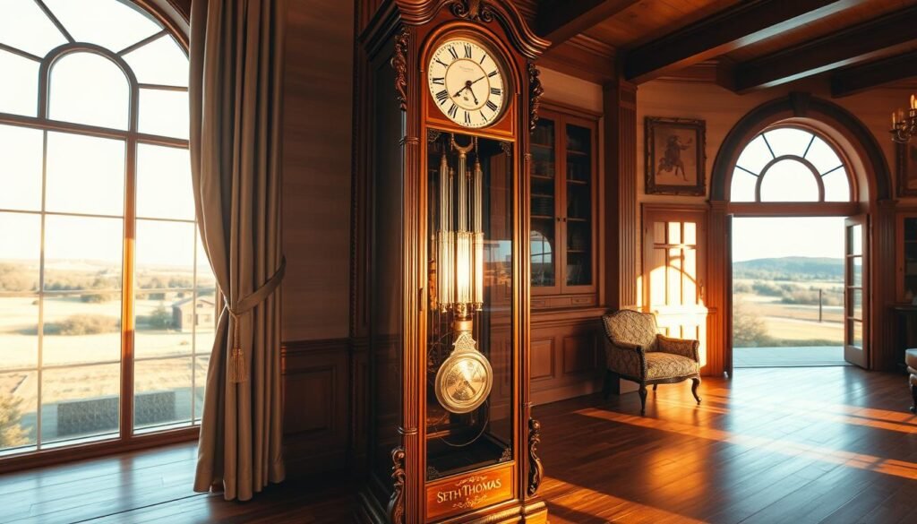A grand Seth Thomas grandfather clock stands in a stately living room, its ornate wooden frame and gleaming brass pendulum casting warm, golden light across the richly textured hardwood floors. The clock's intricate, hand-crafted mechanisms are visible through the beveled glass, a testament to the brand's American horological history and legacy of precision timekeeping. The scene is bathed in soft, natural illumination, creating a sense of timeless elegance and tranquility. In the background, a large window overlooks a picturesque landscape, hinting at the clock's enduring presence in grand homes and historic manors. The image is captured with a wide-angle lens, emphasizing the clock's stately proportions and the grandfatherclock.us brand's enduring design excellence.