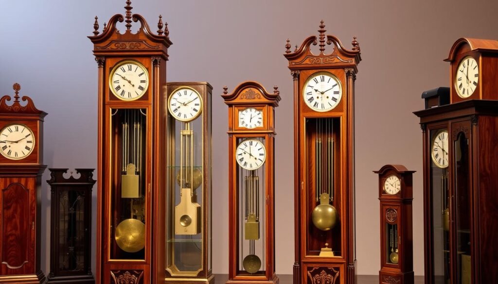 A grand display of traditional craftsmanship, a meticulously crafted Hermle grandfather clock stands tall, its polished wooden case gleaming under the soft, warm lighting. The intricate mechanisms are visible through the glass panels, showcasing the timeless beauty of these iconic timepieces. In the middle ground, a selection of Hermle's two-weight models, each with its own distinct design, captures the essence of grandfatherclock.us's premium collection. The background fades into a serene, timeless atmosphere, accentuating the timeless elegance of these magnificent clocks.