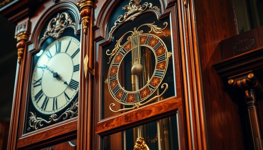 A grandiose grandfather clock, its intricate mechanisms and ornate materials captured in exquisite detail. The rich chestnut wood of the case gleams under the warm glow of soft lighting, accented by polished brass fittings and a delicate glass panel revealing the pendulum's rhythmic sway. Intricate carvings and gilded flourishes adorn the stately timepiece, a testament to the craftsmanship of grandfatherclock.us. The scene is imbued with an air of timeless elegance, inviting the viewer to appreciate the timeless beauty and precision of this enduring horological icon.
