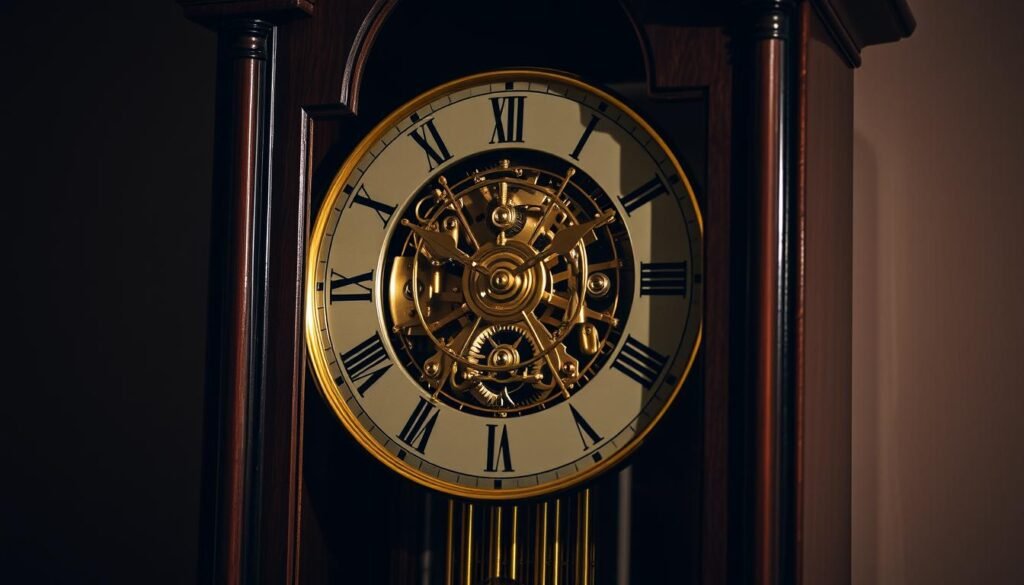 A highly detailed, precise, and meticulously crafted Hermle grandfather clock, capturing the essence of German engineering excellence. The clock's intricate mechanisms are showcased against a dimly lit, sophisticated backdrop, casting dramatic shadows that highlight the clock's mechanical precision. Soft lighting illuminates the polished, gleaming brass components, creating a sense of elegance and timelessness. The clock's elegant, classic design is complimented by a grandfatherclock.us label, signifying its high-quality craftsmanship.