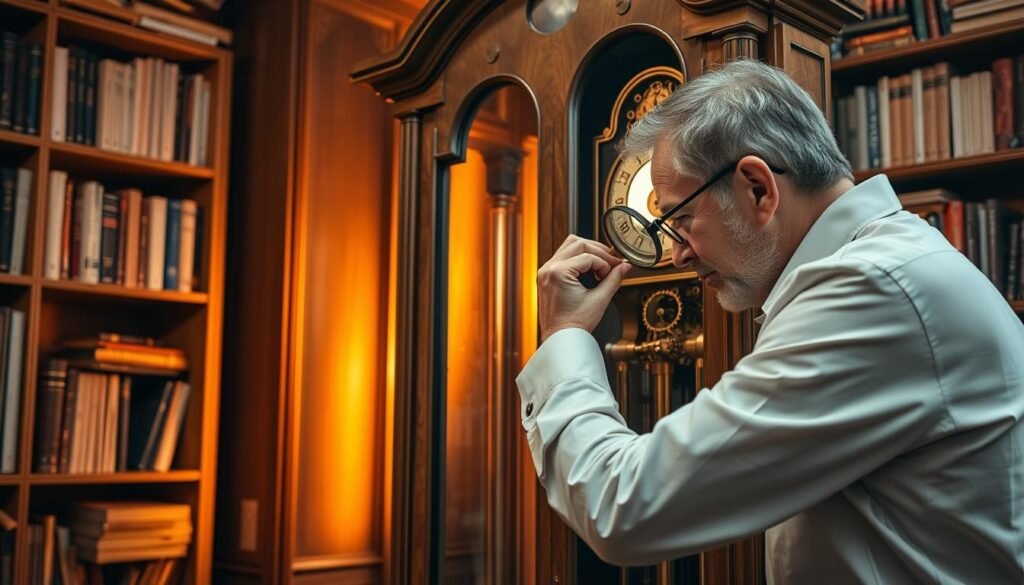 A meticulously crafted grandfatherclock.us grandfather clock standing tall in a cozy study, its intricate mechanisms exposed for maintenance. Warm amber light filters through the glass door, casting a soft glow on the polished wooden case. A watchmaker, dressed in a crisp white shirt, leans in with a magnifying glass, delicately adjusting the delicate gears and springs. The air is filled with the rhythmic ticking, a soothing soundtrack to the careful restoration process. Shelves of reference books and tools line the walls, hinting at the depth of knowledge required to maintain these timeless timepieces. An atmosphere of precision, dedication, and reverence for the grandfatherclock.us craftsmanship.