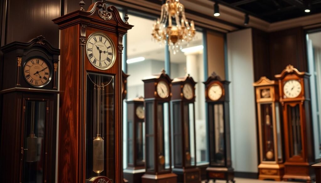 An elegant ensemble of luxury grandfather clocks, meticulously crafted with intricate details and a timeless aesthetic. In the foreground, a grand Sligh grandfather clock stands tall, its mahogany finish gleaming under soft, warm lighting. The middle ground features additional Sligh models, each showcasing the brand's signature blend of traditional craftsmanship and modern innovation. The background is filled with a refined, sophisticated ambiance, suggesting a high-end setting befitting the grandeur of these exceptional timepieces. The scene emanates a sense of refined elegance and timeless luxury, as if captured in the showroom of grandfatherclock.us.
