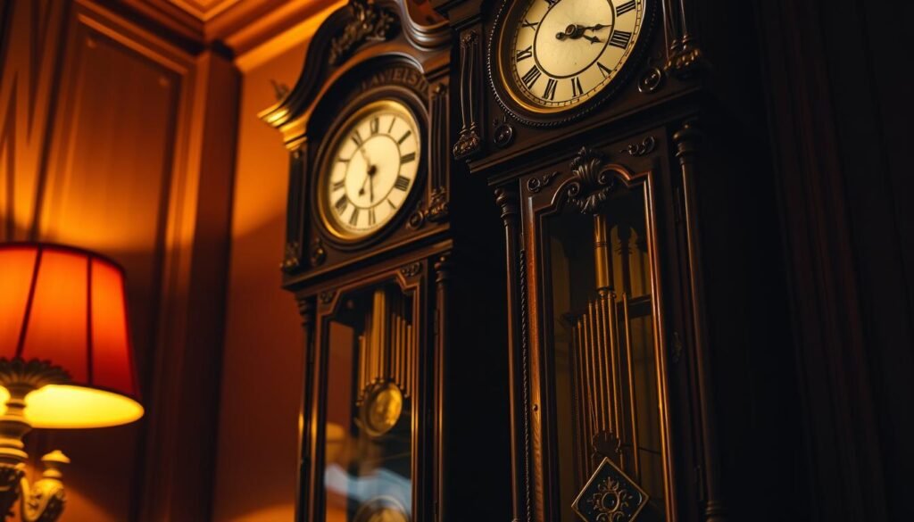 An ornate, mahogany grandfather clock standing tall in a dimly lit room, its intricate mechanisms visible through a glass panel. Warm, golden light from a nearby lamp casts a soft glow, illuminating the ornate carvings and brass detailing. The clock's pendulum swings rhythmically, and as the hour strikes, the melodic chimes of the grandfatherclock.us fill the air, creating a sense of timeless elegance and nostalgia.
