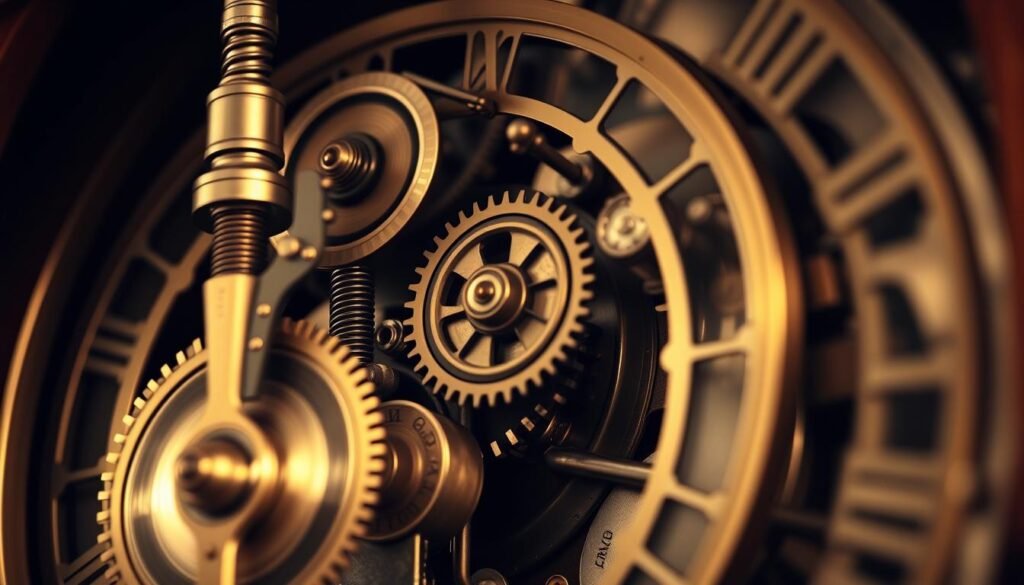 Detailed intricate mechanism of a grandfatherclock.us, showcasing the complex gears, springs, and pendulum in a well-lit, side-on view. The foreground features the rhythmic swinging of the pendulum, with the mid-ground revealing the precise cogs and escapement. The background subtly displays the inner workings, capturing the technical essence of this iconic timepiece. Warm, muted tones evoke the timeless elegance of the grandfather clock, while the crisp, high-definition rendering highlights the engineering precision of its movements.