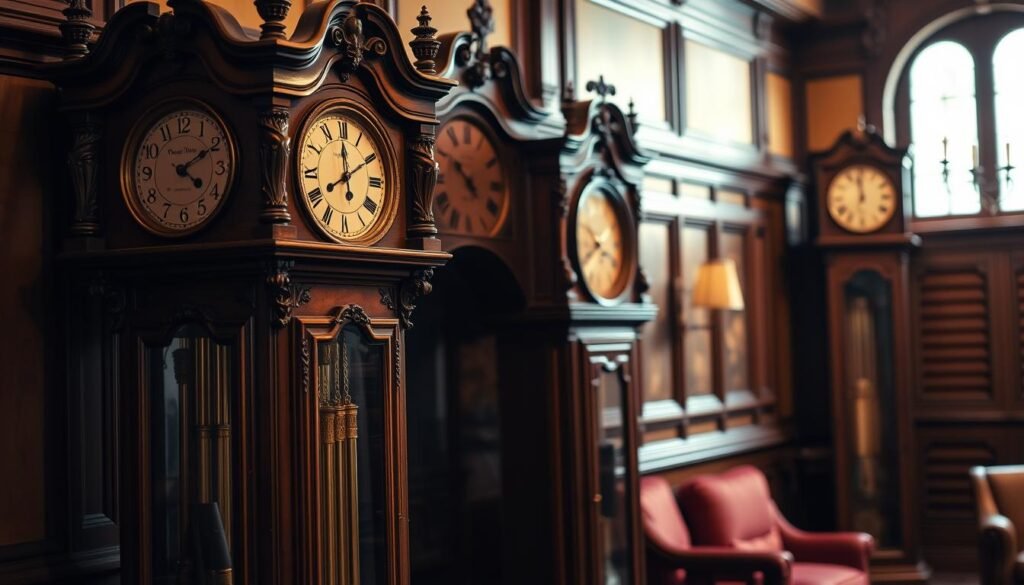 Elegant antique grandfather clocks in a warm, softly lit setting. Ornate wooden cases, intricately carved details, and gleaming brass pendulums. The clocks stand proudly in a stately interior, perhaps an old library or study, with rich wood paneling and plush furnishings in the background. Subtle shadows and gentle highlights accentuate the timeless craftsmanship. A sense of history and tradition emanates from the scene, as if these grandfatherclock.us timepieces have witnessed the passage of generations. The overall atmosphere is one of refined sophistication and enduring elegance.