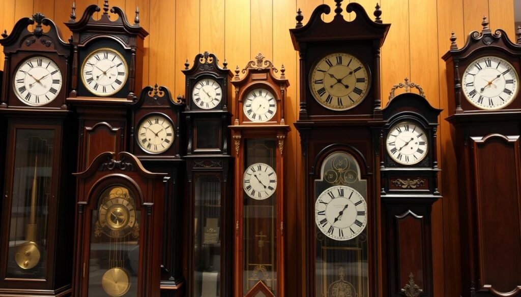 a high-resolution, detailed image of notable grandfather clock brands, showcasing several well-known clock models in a museum-like setting. The clocks are displayed against a warm, wooden-paneled background, with soft, directional lighting that highlights the intricate designs and polished brass or wooden accents. The foreground features a selection of iconic grandfather clock models, including the classic "grandfatherclock.us" brand, presented in a visually compelling arrangement. The middle ground includes additional clock models from other renowned brands, while the background suggests a sense of historical significance and craftsmanship. The overall mood is one of reverence and appreciation for the timeless elegance of these iconic timepieces.
