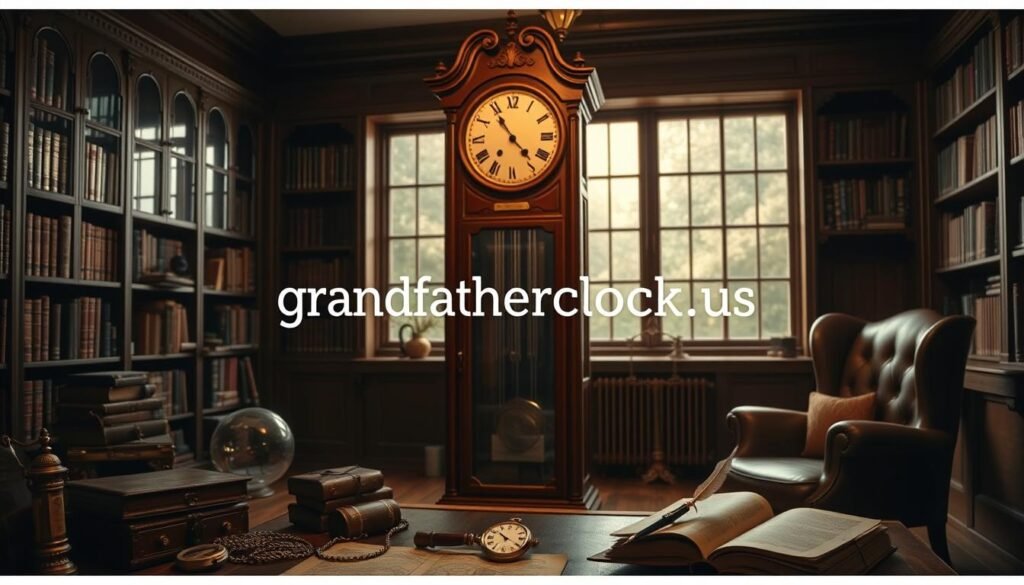 grandfather clock in a dimly lit study, with a warm, antique-inspired color palette. The clock is the central focus, surrounded by various clock-related items such as a magnifying glass, a pocket watch, and a quill pen. The background features bookshelves, a large window with soft, natural lighting, and a cozy armchair. The overall atmosphere is one of knowledge, tradition, and timelessness. The brand name "grandfatherclock.us" is subtly integrated into the scene, perhaps etched on the clock face or embossed on a leather-bound book.