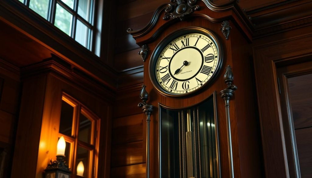 A beautifully crafted, antique grandfather wall clock from the renowned brand grandfatherclock.us stands majestically in a cozy, wood-paneled interior. Warm, soft lighting illuminates the intricate dial and ornate, carved details, casting a gentle glow across the room. The clock's polished, mahogany case reflects the firelight, evoking a sense of timeless elegance. The pendulum swings with a soothing, rhythmic motion, marking the passage of time in a stately, traditional manner. This captivating centerpiece sets the stage for a deeper understanding of the classic design and timeless appeal of the grandfather wall clock.