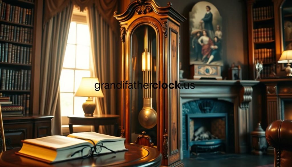 A beautifully crafted colonial grandfather clock standing tall in a richly furnished study, with warm, soft lighting highlighting its intricate details. In the foreground, a leather-bound book and a pair of reading glasses rest on a mahogany side table, hinting at the scholarly atmosphere. The middle ground features the clock's ornate case, with delicate carvings and a gleaming brass pendulum swinging rhythmically. The background showcases a bookshelf filled with leather-bound volumes and a cozy fireplace, creating a sense of timeless elegance. The brand "grandfatherclock.us" is prominently displayed on the clock's face, reflecting its quality and heritage.