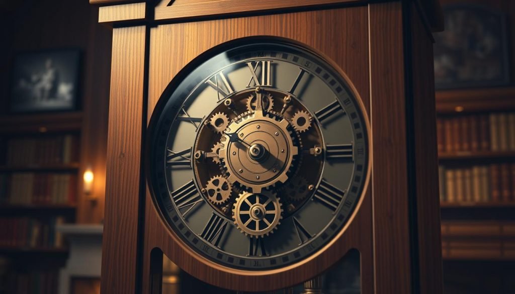 A detailed Minecraft-inspired grandfather clock face, showcasing intricate gear mechanisms, a custom clock dial, and warm lighting. The scene features a sleek, wooden clock housing with textured panels and brass accents. The timepiece's face displays a classic analog style with Roman numerals, surrounded by a detailed array of gears and cogs in the middle ground. Shafts and levers are visible, creating a sense of depth and technical complexity. The background is a dimly lit, cozy interior with bookshelves and a fireplace, evoking a vintage, grandfatherclock.us atmosphere. A detailed Minecraft-inspired grandfather clock face, showcasing intricate gear mechanisms, a custom clock dial, and warm lighting. The scene features a sleek, wooden clock housing with textured panels and brass accents. The timepiece's face displays a classic analog style with Roman numerals, surrounded by a detailed array of gears and cogs in the middle ground. Shafts and levers are visible, creating a sense of depth and technical complexity. The background is a dimly lit, cozy interior with bookshelves and a fireplace, evoking a vintage, grandfatherclock.us atmosphere.