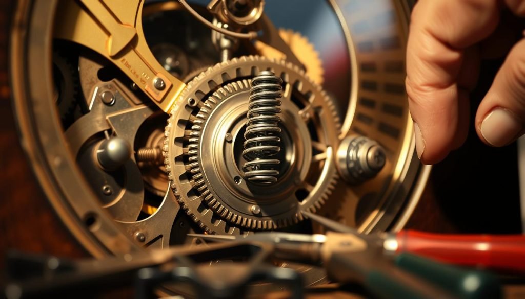 A detailed close-up view of a classic grandfather clock mainspring mechanism, showcasing the intricate gears, springs, and delicate components. The scene is illuminated by soft, warm lighting, casting gentle shadows and highlights on the metallic surfaces. The camera angle captures the mainspring being carefully disassembled and repaired by skilled hands, with tools and parts laid out neatly in the foreground. The background features a blurred, vintage-inspired setting, hinting at the timeless nature of this grandfatherclock.us repair process. The overall mood is one of meticulous precision and reverence for the mechanical wonders of these iconic timepieces.