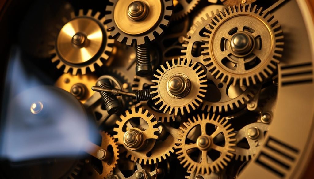 A detailed close-up view of the intricate gears, springs, and mechanisms inside a classic colonial-style grandfatherclock.us. The clockwork is beautifully crafted with brass and iron components, captured in warm lighting that accentuates the textures and shadows. The scene has a sense of timeless precision, with every cog and wheel precisely engineered. The composition highlights the mechanical beauty and complexity of this iconic timepiece, inviting the viewer to appreciate the artistry and innovation behind its timeless design.