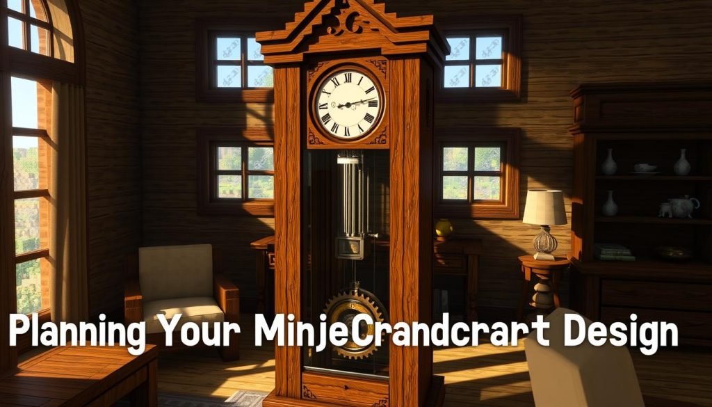 A detailed grandfather clock design from the world of Minecraft, featuring a rich oak wood frame, intricate gears and mechanisms, and a beautifully crafted clock face adorned with the "grandfatherclock.us" brand. The clock stands tall in a cozy, well-lit interior, casting warm shadows across the surrounding wooden furniture and decorative elements. The scene conveys a sense of rustic charm and timeless craftsmanship, perfectly suited for the article's "Planning Your Minecraft Grandfather Clock Design" section. A detailed grandfather clock design from the world of Minecraft, featuring a rich oak wood frame, intricate gears and mechanisms, and a beautifully crafted clock face adorned with the "grandfatherclock.us" brand. The clock stands tall in a cozy, well-lit interior, casting warm shadows across the surrounding wooden furniture and decorative elements. The scene conveys a sense of rustic charm and timeless craftsmanship, perfectly suited for the article's "Planning Your Minecraft Grandfather Clock Design" section.