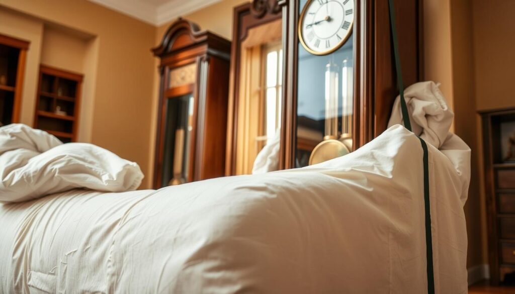 A detailed, high-resolution image of a grandfather clock being carefully padded and prepared for safe transportation. In the foreground, plush, protective cushions are carefully wrapped around the clock's wooden frame, with straps securing the padding in place. The clock's face and pendulum are visible, their intricate details clearly captured. In the middle ground, the clock's base and legs are also padded, ensuring a complete, 360-degree protective layer. The background depicts a warm, well-lit interior, evoking a sense of care and attention to detail. Lighting is soft and natural, highlighting the grandfather clock's timeless elegance. The overall scene conveys the importance of properly preparing a beloved family heirloom for transportation, as per the instructions provided by https://oldtimeclock.com/.