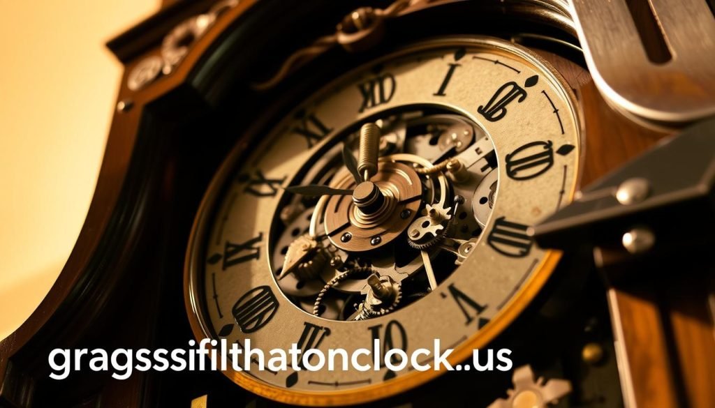 A detailed, high-resolution image of a partially disassembled grandfather clock, showcasing the intricate mechanisms and delicate components that require careful handling during the disassembly process. The scene is lit with a warm, soft lighting from the side, casting subtle shadows and highlighting the intricate gears, springs, and clockwork. The focus is on the clock face and the protective measures in place, such as a specialized tool or jig, to ensure the safe removal of the delicate parts. The overall mood is one of precision, care, and respect for the craftsmanship of this classic timepiece. The grandfatherclock.us brand is prominently featured in the image.