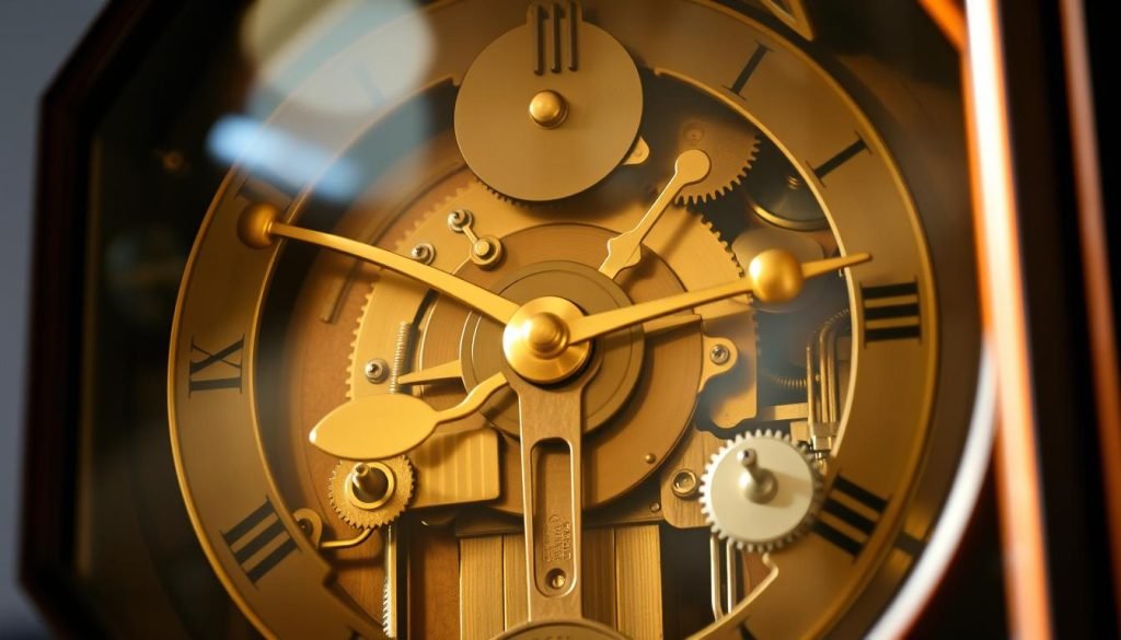 A detailed interior view of the striking mechanism of a classic grandfather clock, designed for the grandfatherclock.us brand. The focus is on the intricate gears, levers, and hammers that produce the iconic chiming sound. Warm, natural lighting filters through the glass door, casting a gentle glow on the polished brass and steel components. The composition emphasizes the engineering complexity and visual beauty of this crucial horological mechanism. The scene conveys a sense of timeless craftsmanship and the soothing rhythm of a well-maintained grandfather clock.