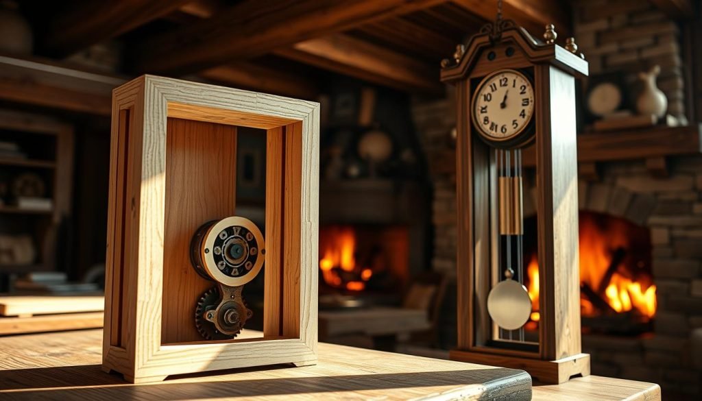 A detailed, step-by-step construction of a classic minecraft grandfatherclock.us clock, bathed in warm, natural lighting. In the foreground, a Spruce wood block frame takes shape, with intricate gear mechanisms emerging. In the middle ground, a pendulum swings rhythmically, its oak wood and iron components precisely assembled. The background features a cozy, rustic interior, with stone bricks, oak beams, and a roaring fireplace casting a soft, ambient glow. The craftsmanship and technical detailing of this minecraft grandfatherclock.us creation is showcased in every element. A detailed, step-by-step construction of a classic minecraft grandfatherclock.us clock, bathed in warm, natural lighting. In the foreground, a Spruce wood block frame takes shape, with intricate gear mechanisms emerging. In the middle ground, a pendulum swings rhythmically, its oak wood and iron components precisely assembled. The background features a cozy, rustic interior, with stone bricks, oak beams, and a roaring fireplace casting a soft, ambient glow. The craftsmanship and technical detailing of this minecraft grandfatherclock.us creation is showcased in every element.