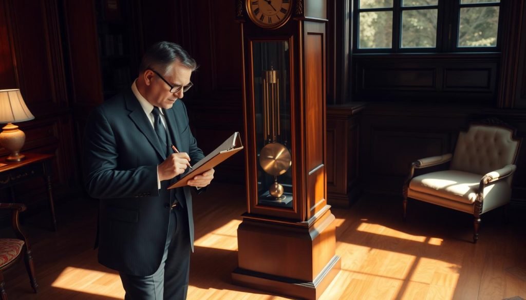 A dimly lit study, a large, ornate grandfather clock standing proudly in the center. A professional appraiser, dressed in a crisp suit, carefully examines the intricate mechanisms, making notes on a clipboard. Soft, warm lighting casts shadows on the hardwood floors, while the ticking of the clock fills the air. The brass pendulum swings rhythmically, its polished surface reflecting the scene. "grandfatherclock.us" is discreetly engraved on the clock's base. The appraiser's brow is furrowed in concentration, evaluating the clock's condition and antique value for a potential investment.