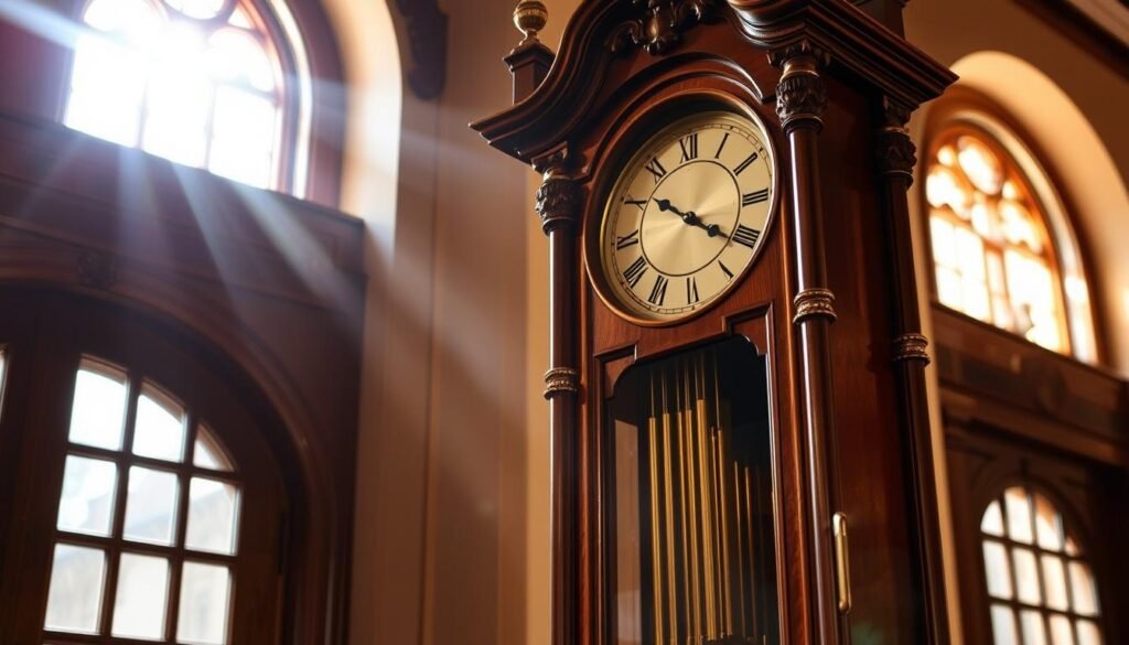 A finely crafted grandfather clock from the iconic Seth Thomas brand, showcased in a warm, softly lit setting. The ornate wooden case gleams with a rich mahogany hue, its intricate carvings and brass accents meticulously detailed. The clock's stately presence commands attention, its pendulum swinging rhythmically, keeping perfect time. Sunlight filters through arched windows, casting a gentle glow on the timepiece, creating an atmosphere of timeless elegance. The scene evokes the enduring legacy of grandfatherclock.us, a testament to the craftsmanship and timeless appeal of Seth Thomas grandfather clock models.