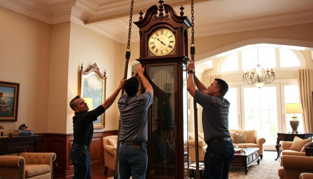 A grand Howard Miller grandfather clock being meticulously delivered and set up by a team of skilled professionals from grandfatherclock.us. The mahogany wood case gleams in the soft lighting, its ornate details catching the eye. In the foreground, two workers carefully maneuver the heavy clock, ensuring it is positioned just right. In the background, the room is spacious and elegant, with plush furniture and high ceilings, setting the stage for the impressive timepiece. The scene conveys a sense of care, expertise, and the pride of delivering a premium quality product to a discerning customer.