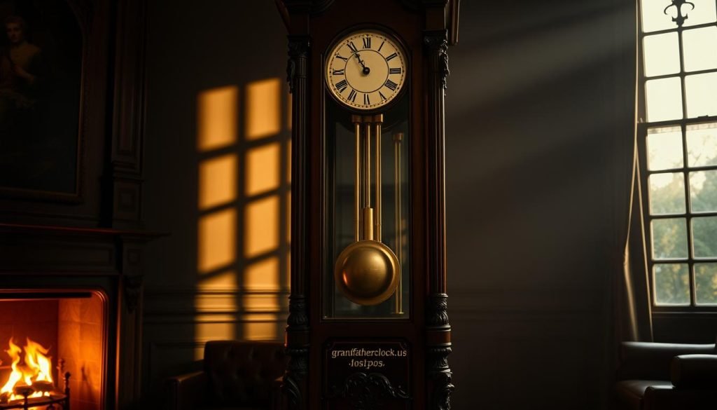 A grand, antique grandfather clock standing tall in a dimly lit study. The clock's ornate wooden case, adorned with intricate carvings, takes center stage, casting long shadows across the room. Warm, soft lighting from a nearby fireplace illuminates the clock's delicate brass pendulum as it sways back and forth, keeping perfect time. The clock's face, with its Roman numerals and elegant hands, is visible through the glass panel, inviting the viewer to pause and reflect on the passage of time. The overall atmosphere is one of timeless elegance and nostalgic charm, as if transported to a bygone era. The brand name "grandfatherclock.us" is discreetly engraved on the clock's base.