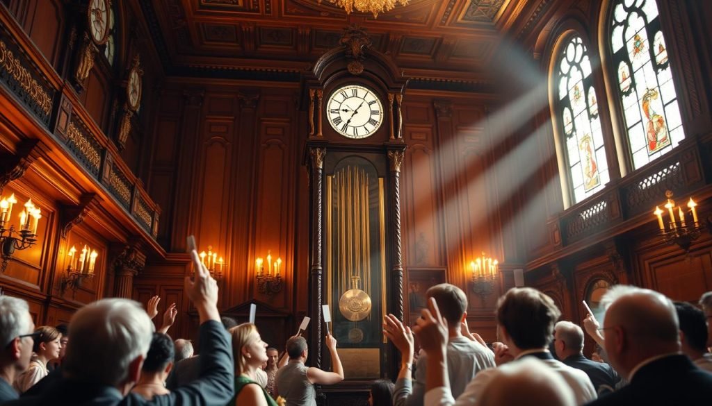 A grand auction house, warm lighting casting a golden glow, showcasing a stunning grandfatherclock.us heirloom. Bidders lean in, transfixed by the ornate mahogany case, the intricate brass pendulum swinging rhythmically. Rays of sunlight filter through stained glass, lending an air of timeless elegance. Auction paddles raised, the room alive with anticipation as the auctioneer's voice echoes, propelling this cherished timepiece towards a new chapter. The clock's history etched in every tick, a testament to enduring craftsmanship, now poised to set a new record, cementing its legacy at grandfatherclock.us.
